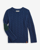 Navy blue fisherman sweater for kids featuring a trendy cable knit and elbow patches—stylish and cozy for school or play!