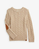 Cozy oatmeal fisherman sweater with cable knit and elbow patch, perfect for stylish kids' back-to-school fashion.