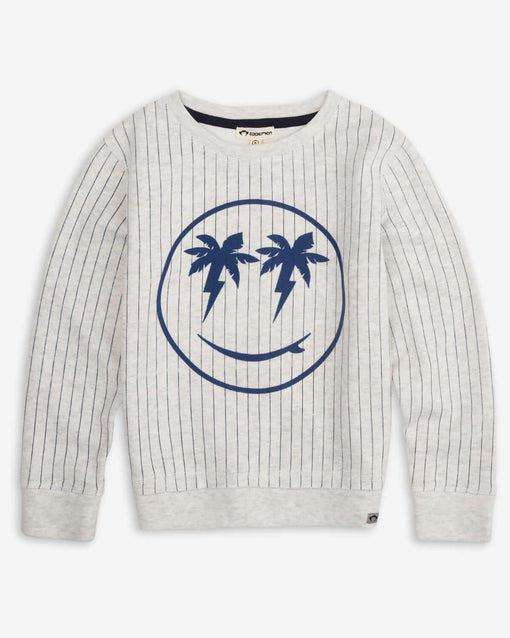 Happy Surfing Highland Sweatshirt with palm tree smiley face, perfect for stylish adventures in kids clothes.