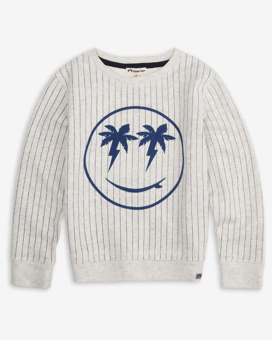 Happy Surfing Highland Sweatshirt featuring palm trees and a surfboard design on a striped, cozy fabric.
