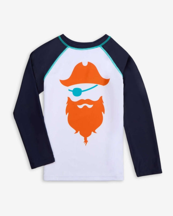 Back view of Blackbeard Rash Guard featuring a colorful pirate design on a long sleeve shirt.