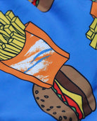 A close-up of playful burgers and fries graphics on vibrant blue fabric, perfect for kids' swim trunks.