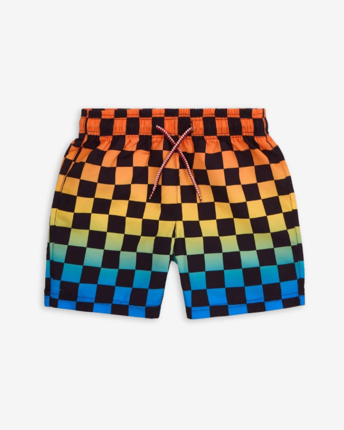 Checkerboard Swim Trunks featuring a vibrant orange to blue gradient pattern for stylish summer fun.