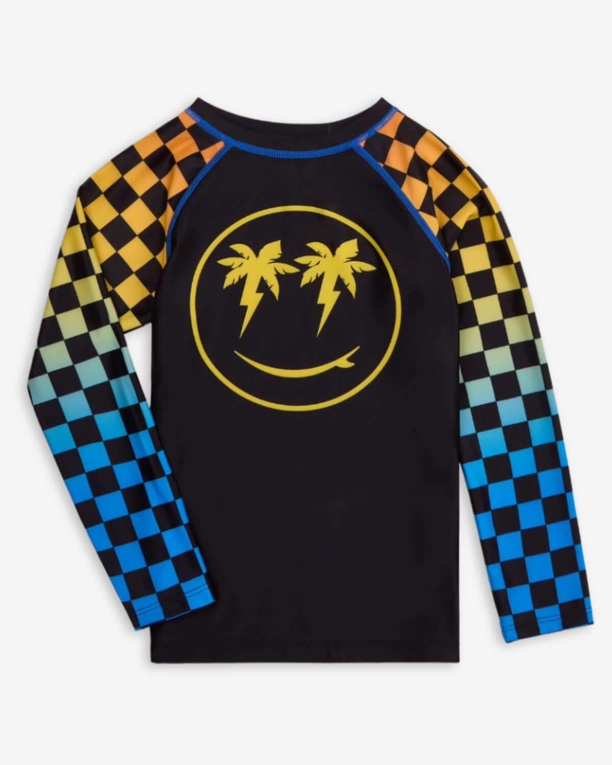 Happy Surfing Rash Guard with palm tree design and colorful checkerboard sleeves for kids.