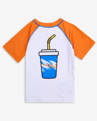 Vibrant orange and white Rash Guard featuring a playful soft drink design for cool kids' summer fun!