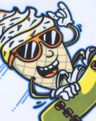 Playful cartoon of a smiling ice cream cone in sunglasses skateboarding, perfect for fun kids' fashion!