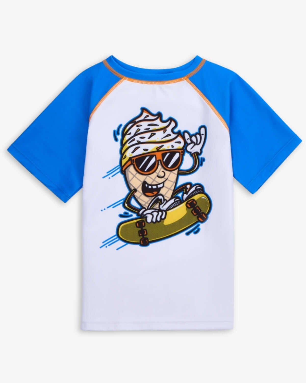 Soft Served Rash Guard featuring a fun ice cream character on a skateboard with sunglasses, designed for active kids.