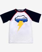 Stylish Storm Cloud Rash Guard for kids; vibrant thunderstorm design and UPF 50 sun protection, perfect for playtime!