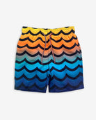 Colorful wavy swim trunks for kids, perfect for laughs and splashes. Featuring adjustable drawstring and UPF 50+ protection.