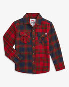 Vibrant holiday plaid flannel shirt for kids, featuring a classic button-up design and front pockets, perfect for adventure!