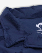 Close-up of the Navy Shark Resort Terry Shirt showing soft fabric and fun shark print—stylish boys clothes for ocean adventures!