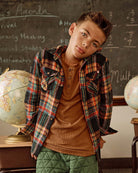 Cool kid rocking a vintage tartan flannel shirt over a henley, ready for stylish back-to-school adventures!