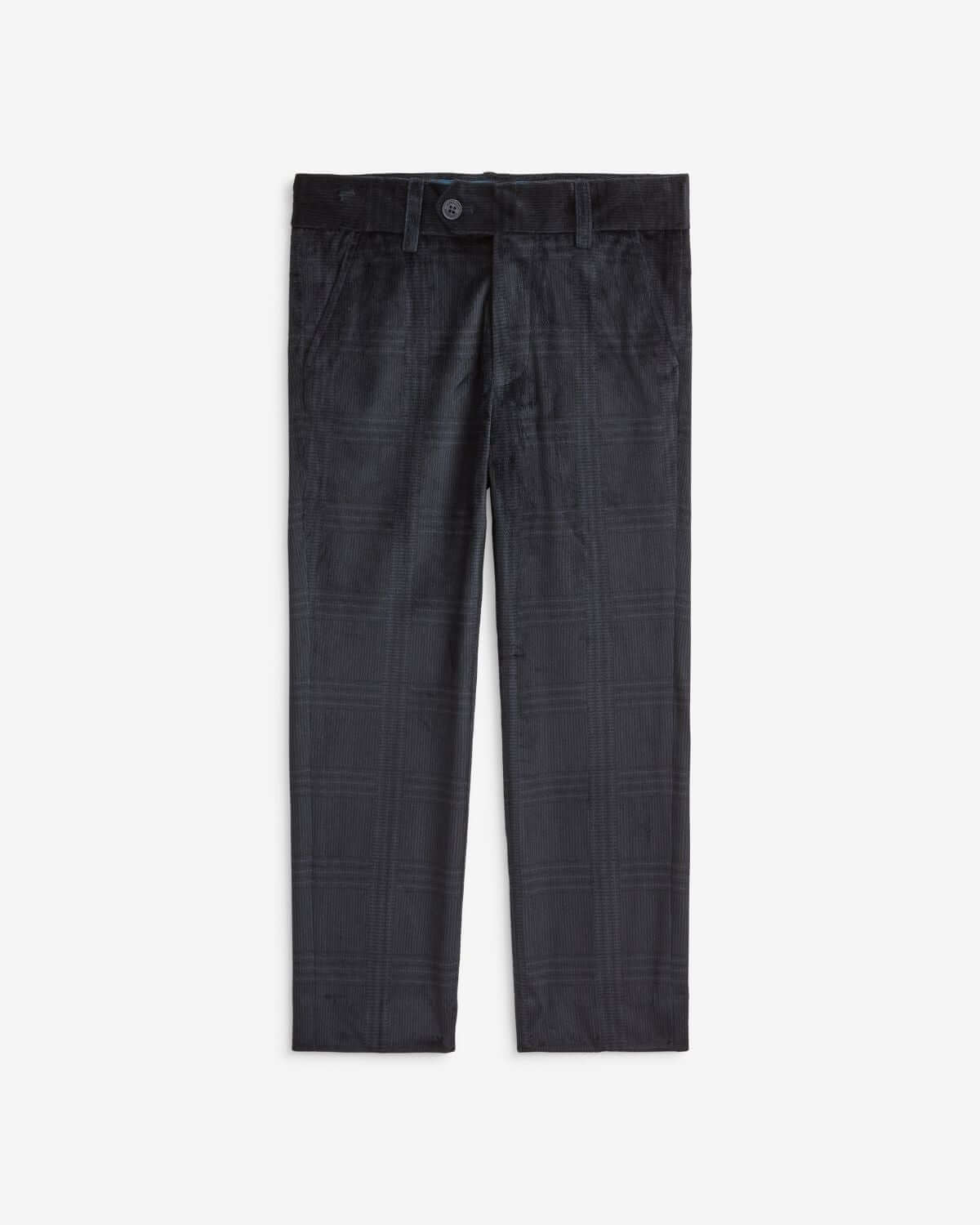 Midnight Velvet Plaid Suit Pants in luxurious velvet with tailored buttons and functional pockets for little ones.