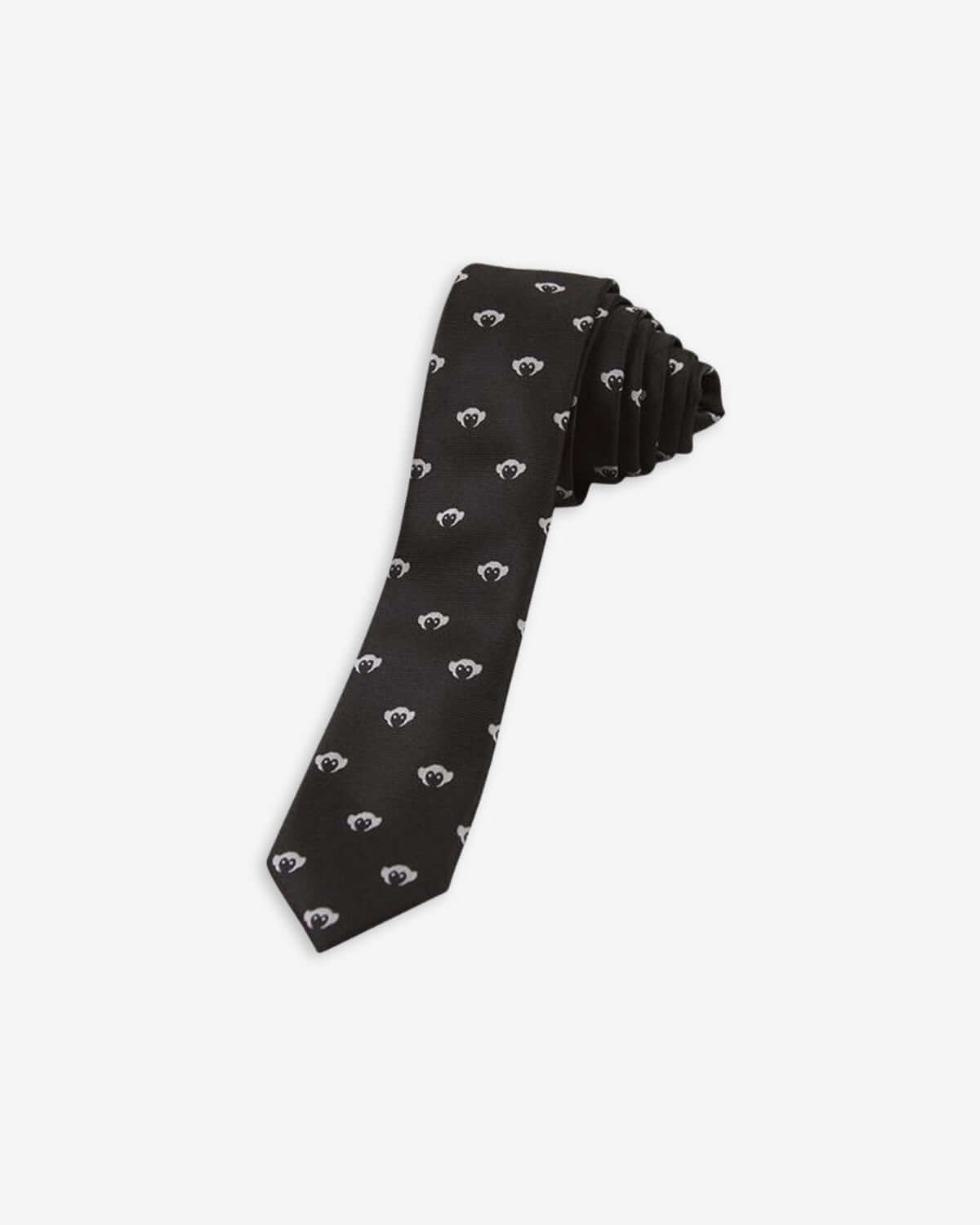 Black Logo Tie featuring signature monkey design on a stylish black background.