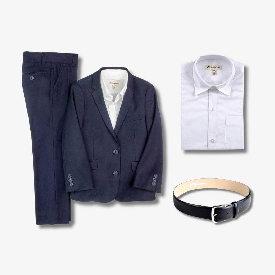 Suited Up | 3-Piece dress set featuring a navy suit, white shirt, and black leather belt for kids.