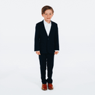 Suited Up | 3-Piece: boy wearing a navy suit with a white shirt, perfect for kids' formal occasions.