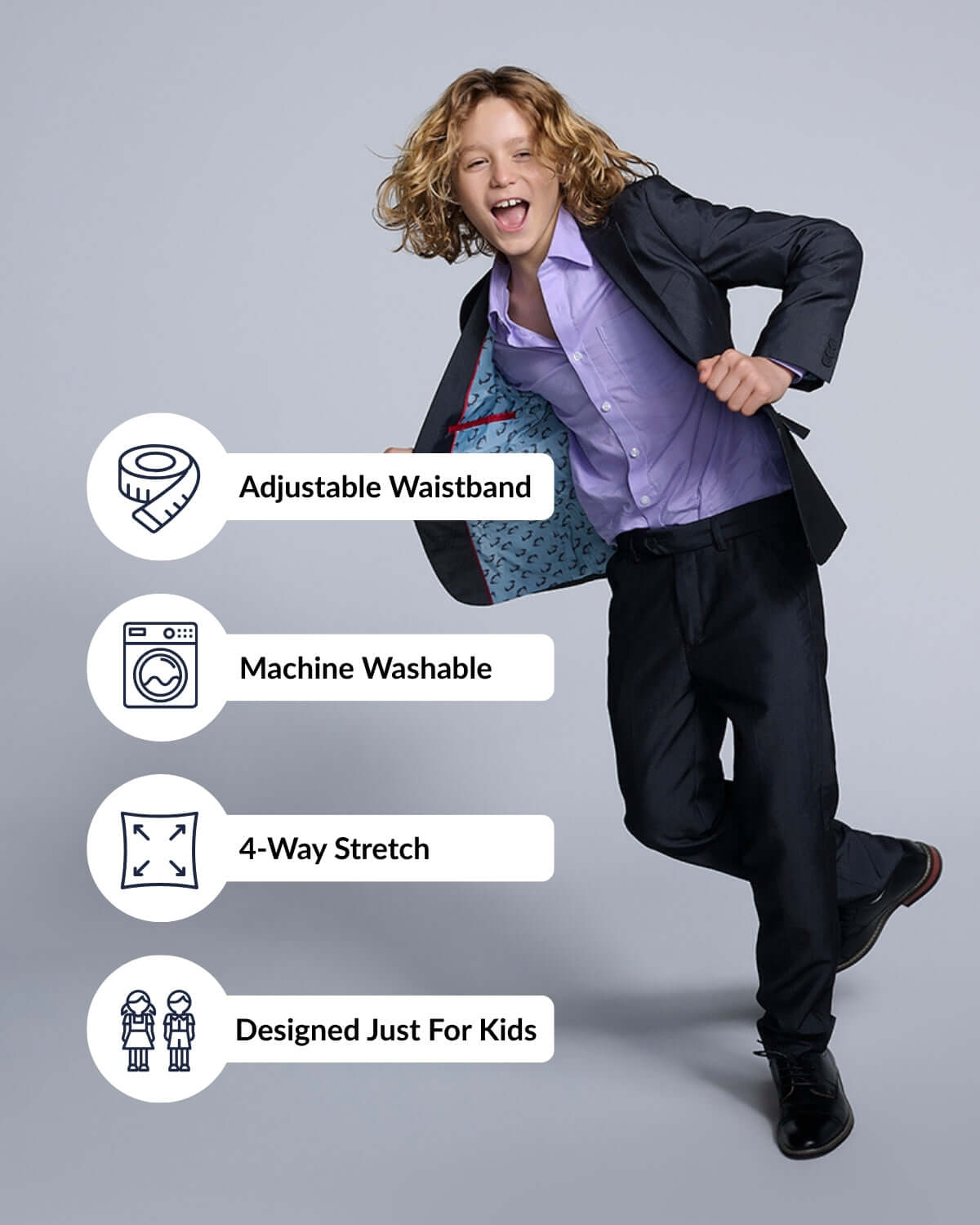 Child wearing Vintage Black Mod Suit, highlighting adjustable waistband, machine washable, 4-way stretch features.