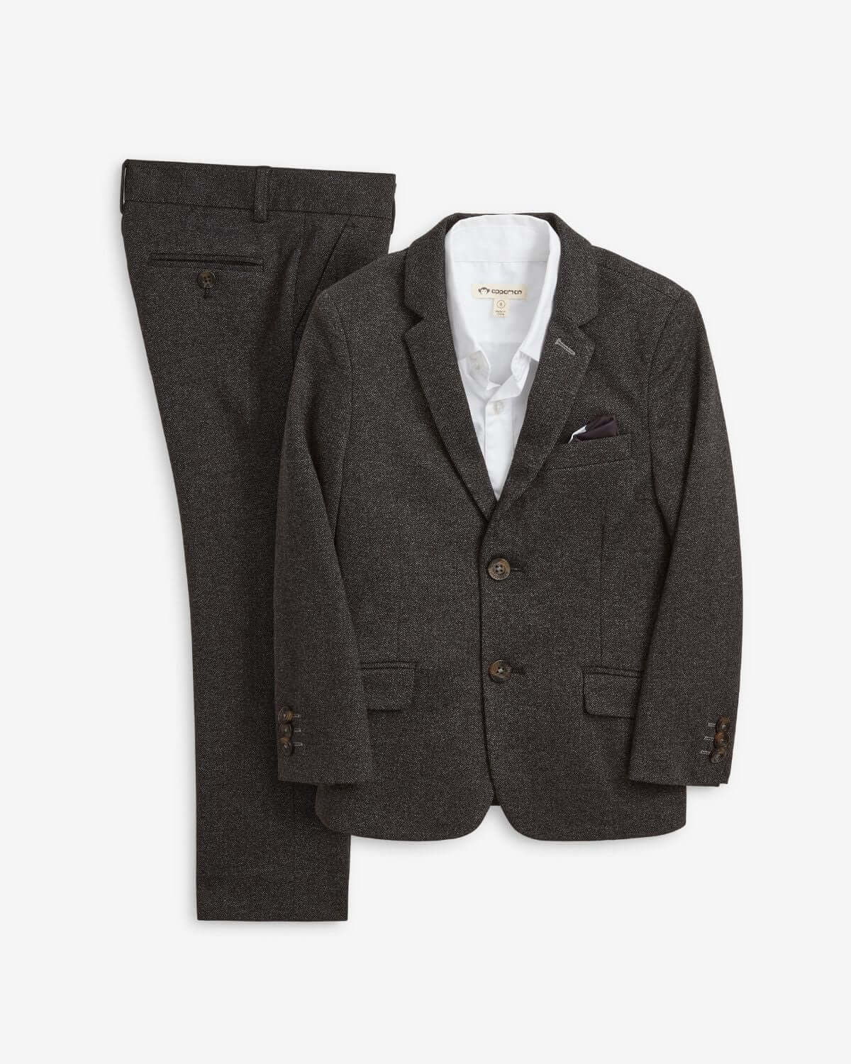 Black Herringbone Stretchy Mod Suit displayed with blazer and pants, perfect for kids' formal events.