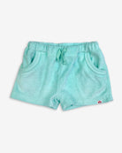 Stylish aqua terry cloth shorts for kids, featuring a comfy drawstring and pockets for treasures.