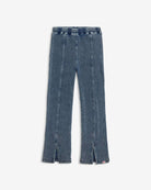 Dusk Blue flare leggings for kids, stylish denim-inspired design with fun ankle slit, perfect for confident little trendsetters.