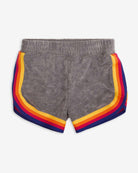 Back view of Grey Lori Shorts featuring playful rainbow stripes—stylish kids clothes for active adventures!