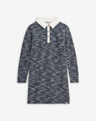 Navy tweed polo dress for kids, featuring a classic collar and sparkly buttons—stylish, comfy, and perfect for school!