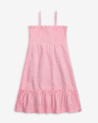 Adorable pink gold Madison Dress featuring delicate ruffles and a comfy fit—perfect for stylish kids' adventures.