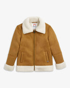 Camel Coco Sherpa Jacket for kids, cozy and stylish with sherpa collar and sleeve cuffs, ideal for back to school adventures!