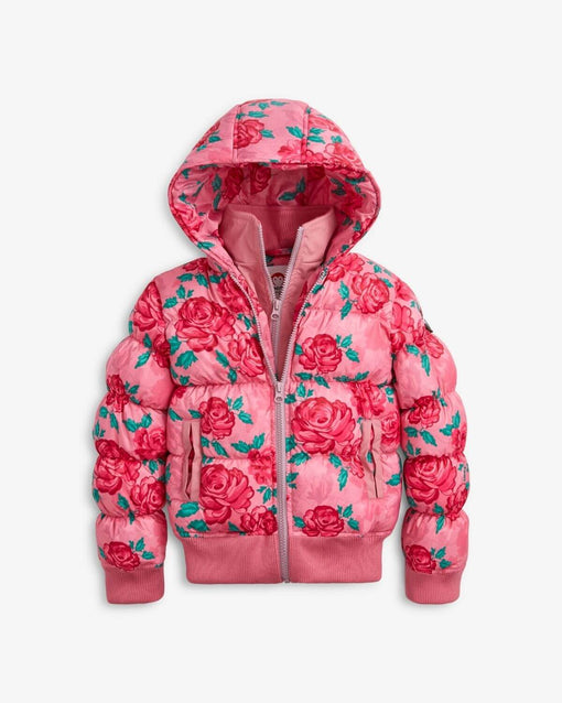 Flurry Coat in Pink Rose Garden—cozy kids jacket with floral design, perfect for stylish chilly day adventures!