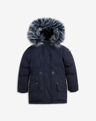 Stylish Navy Sparkle Middie Puffer Coat with faux fur hood, perfect for kids' back-to-school winter adventures.