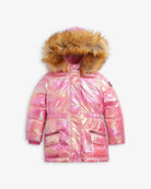 Radiant Pink Middie Puffer Coat for kids, shiny finish, detachable faux fur hood, cozy and stylish winter warmth.