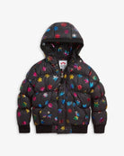 Colorful rainbow snowflakes puffy coat for kids, perfect for winter adventures in style and warmth.