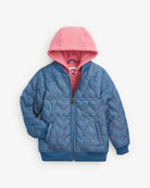 Playful Blue Prism bomber jacket with cozy pink hood, perfect kids clothes for school or fun days out.