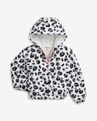 Cozy grey leopard jacket for girls with a pink zipper, perfect for playful adventures in stylish kids clothes.