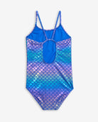 Iridescent Mermaid Taylor Swimsuit featuring shimmering scales in blue and purple tones.