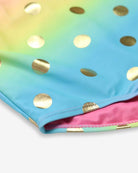 Vibrant rainbow polka dots on a stylish kids swimsuit, perfect for fun pool days and beach adventures!