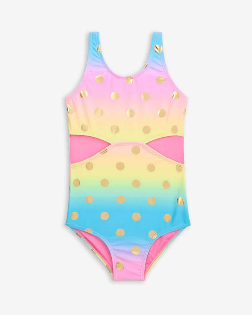 Rainbow Dots Erika Swimsuit: A cheerful mix of vibrant colors and gold polka dots, perfect for stylish summer splashes!