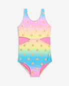 Rainbow Dots Erika Swimsuit: A cheerful mix of vibrant colors and gold polka dots, perfect for stylish summer splashes!