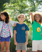 Three stylish kids wearing playful outfits—fun tees and vibrant styles ready for back-to-school adventures!