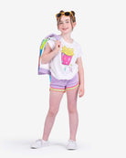 A stylish girl in a fun fry graphic tee, rocking purple shorts and sunglasses—a delightful back-to-school outfit!