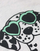 Chic Dalmatian in heart-shaped sunglasses on a soft tee, perfect for trendy kids' fashion adventures!