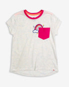 Playful rainbow pocket tee for girls, adding joy to kids clothes for back to school adventures!