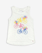 Speckled white tank with colorful bicycle print; a fun choice for kids' stylish summer adventures!
