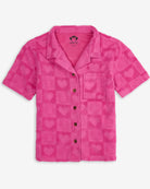 Vibrant pink kids resort shirt with heart patterns, perfect for sunny adventures and stylish outings! High-quality kids clothes.