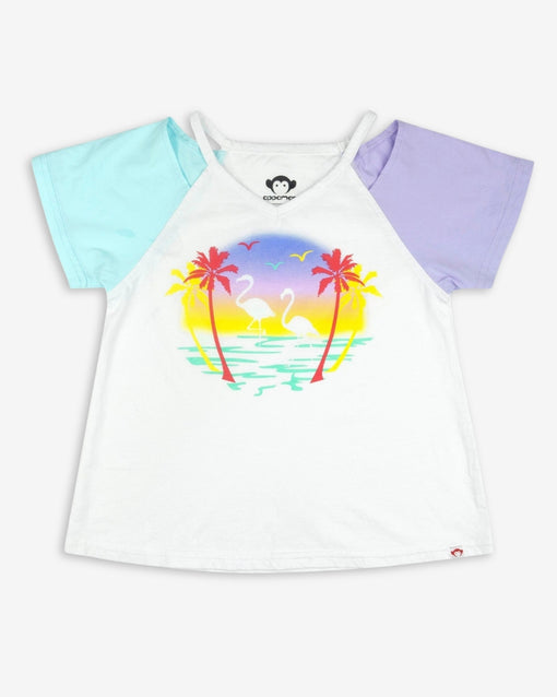 Sunset Kari Tee for kids features vibrant flamingos, palms, and playful colors—stylish back-to-school choice!
