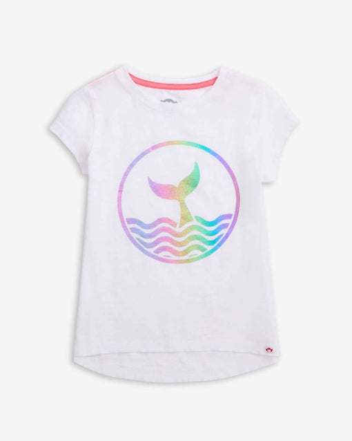 Whimsical white circle tee with colorful mermaid tail design, perfect for summer adventures and stylish playdates!