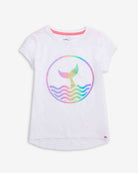 Whimsical white circle tee with colorful mermaid tail design, perfect for summer adventures and stylish playdates!