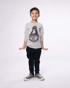 Stylish kid rocking a DJ Penguin Graphic Tee in Heather Mist, perfect for playful days and back-to-school adventures!