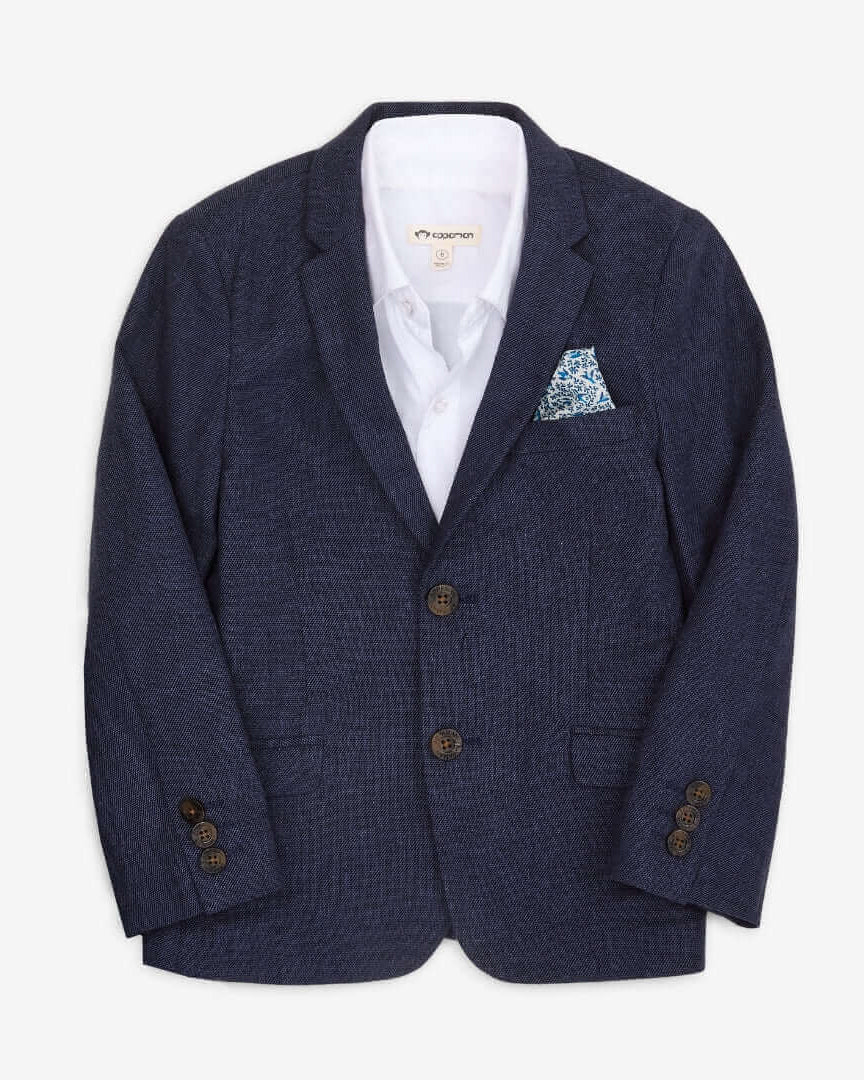 Sleek navy kids blazer with a stylish pocket square for boys and girls, perfect for chic back-to-school vibes.