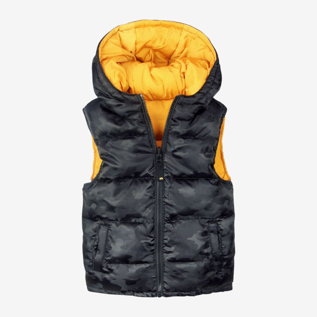 Appaman Best Quality Kids Clothing Outerwear Reversible Vest | Black & Gold Camo